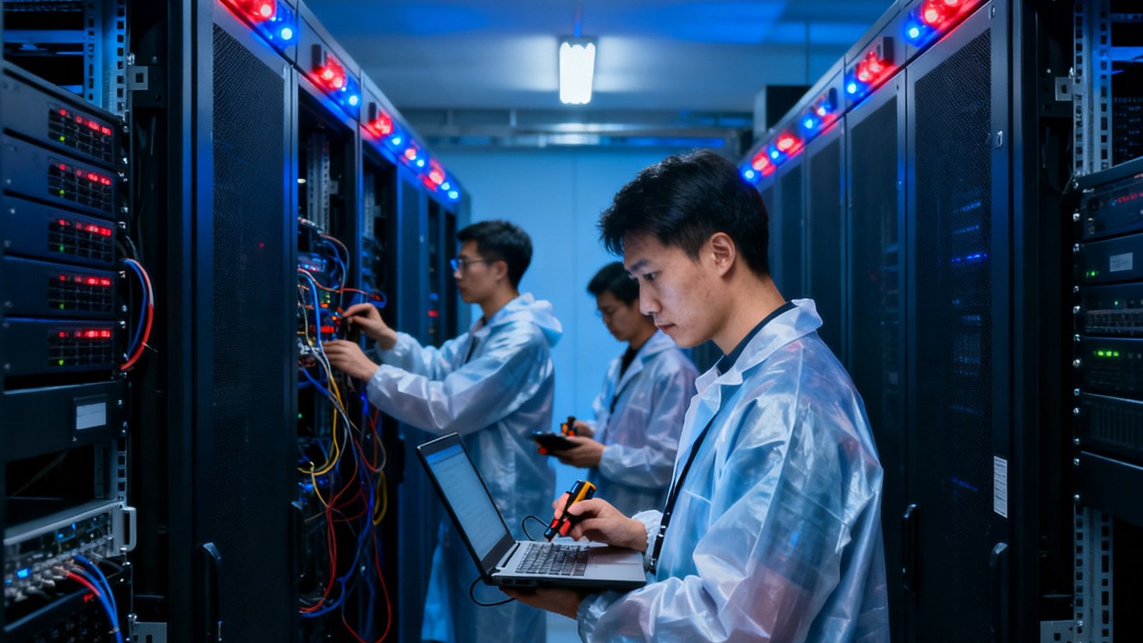 技术团队在服务器机房进行系统升级的工作场景，机柜上指示灯闪烁显示系统运行状态。