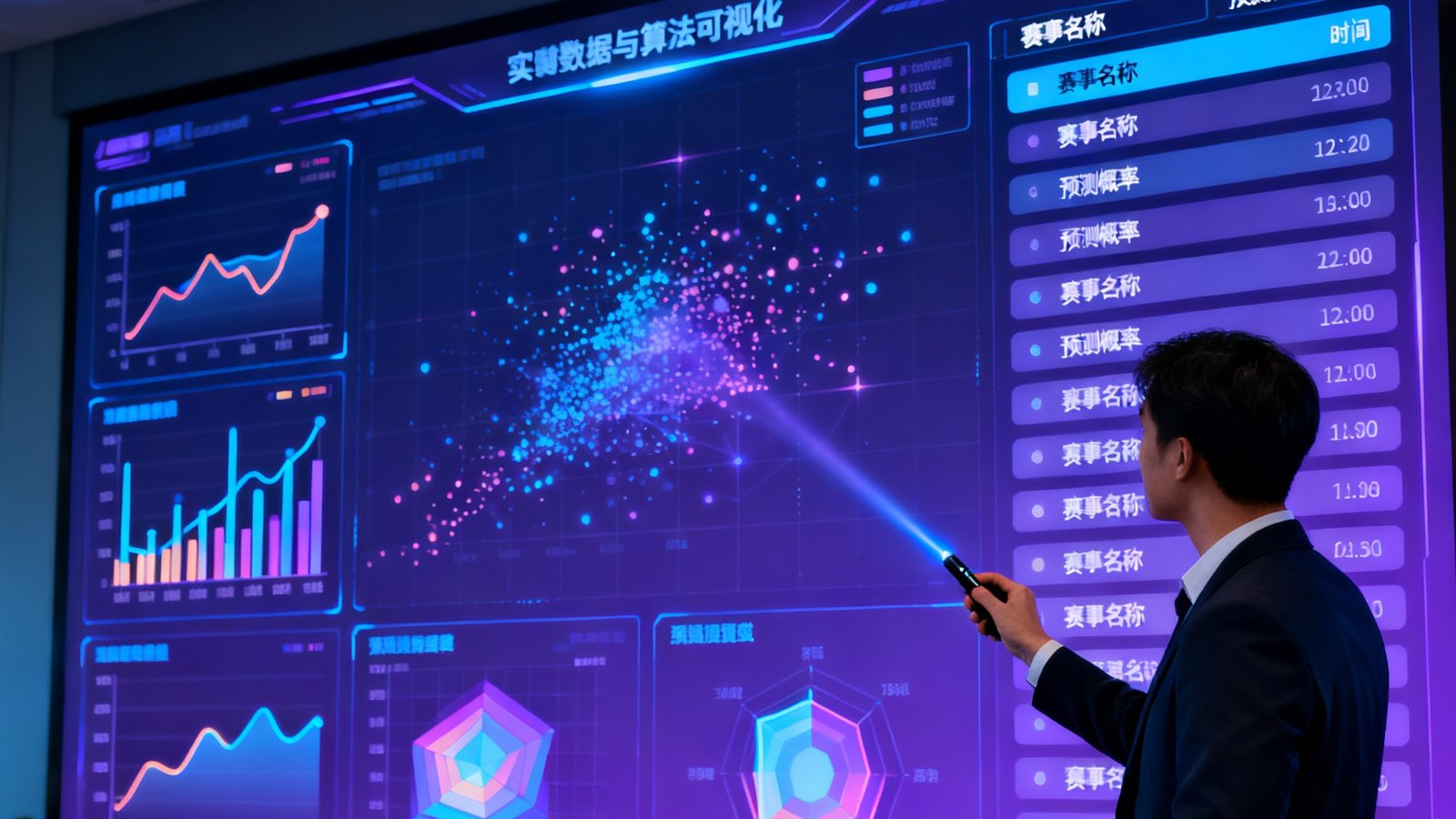 数据科学家在演示AI赛事预测模型的可视化界面，屏幕上显示着复杂的算法图表和预测数据。