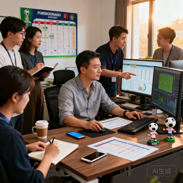运营总监孙晓东在世界杯期间协调数据运营团队的工作场景照片。