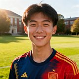 在海外留学的年轻球迷张同学头像，身穿国家队球衣在校园草坪上微笑。